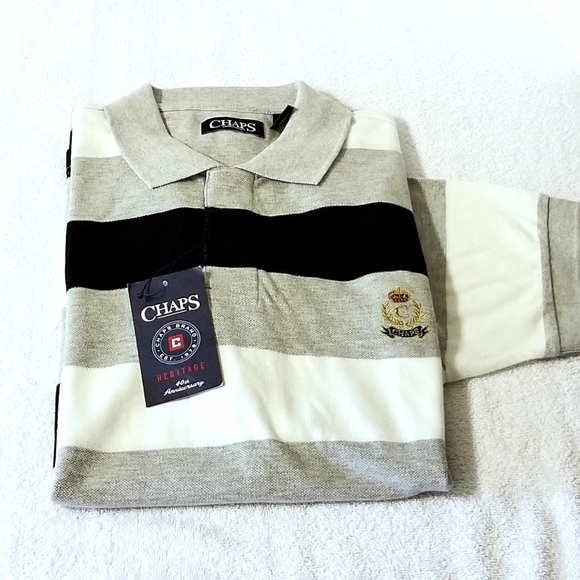🆕️ Chaps Grey/Black Striped Polo Shirt Men Size M - Picture 3 of 6